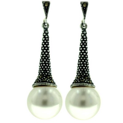 Marcasite Earring 12mm White Faux Pearl Drop