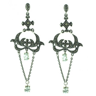 Marcasite Earring Chandelier with 6X4mm Oval+5mm Round Clear Cubic Zirconia