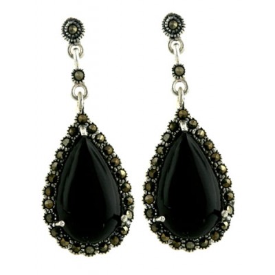 Marcasite Earring 25X15mm Onyx Cabochon Tear Drop with Marcasite Around
