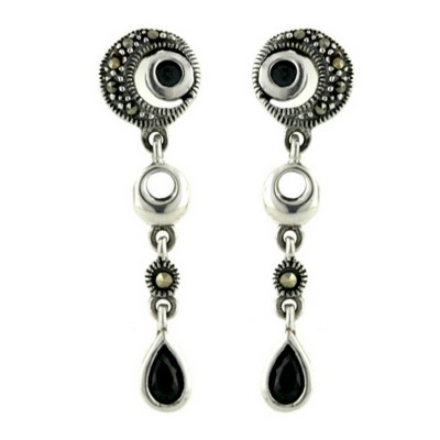 Marcasite Earring Circle with Black Cubic Zirconia Bezel+Tear Drop