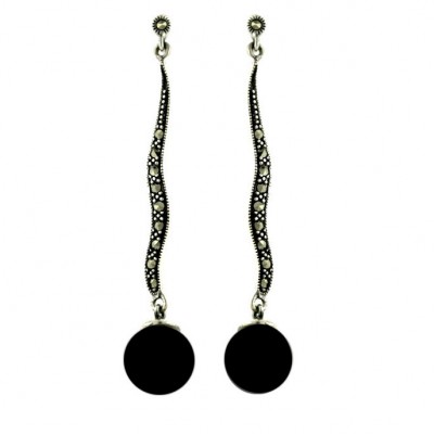 Marcasite Earring Wavy Stick with 10mm Onyx Ball