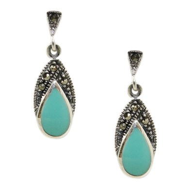 Marcasite Earring Faux Turquoise Inlay Tear Drop