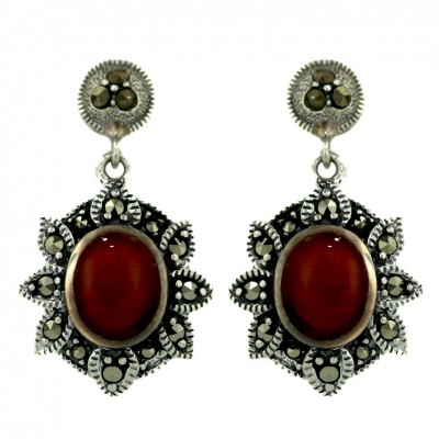 Marcasite Earring Oval Carnelien Flower
