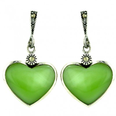 Marcasite Earring Imitation Faux Green Mother of Pearl Heart