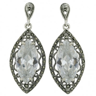 Marcasite Earring 18X9mm Marquis Clear Cubic Zirconia with Filigree Sided