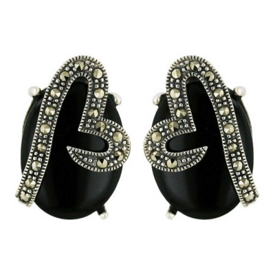 Marcasite Earring 18X13mm Oval Cabochon Onyx+Marcasite Aside Heart