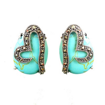 Marcasite Earring 18X13mm Oval Cabochon Faux Turquoise+Marcasite Aside Hea