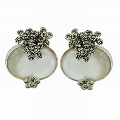 Marcasite Earring 21X16mm Oval Cabochon White Mother of Pearl with 4 Marcasite Fl
