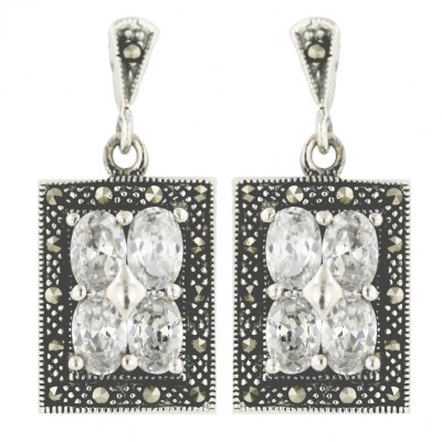 Marcasite Earring 4Pcs (6X4mm) Oval Clear Cubic Zirconia Rectangular Dangle