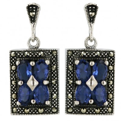 Marcasite Earring 4Pcs (6X4mm) Oval Tanzanite Cubic Zirconia Rectangular Dangle