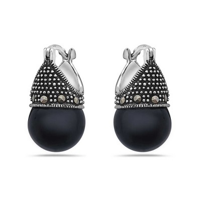 Marcasite Earring Latch Synthetic Onyx Ball 12mm (2M-1032N) -