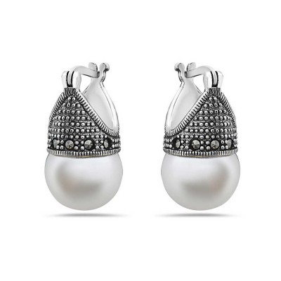 Marcasite Earring Latch White Faux Pearl 12mm (2M-1032P) --Li