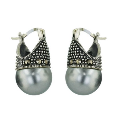 Marcasite Earring Latch Gray Faux Pearl 12mm (2M-1032P) --Lig