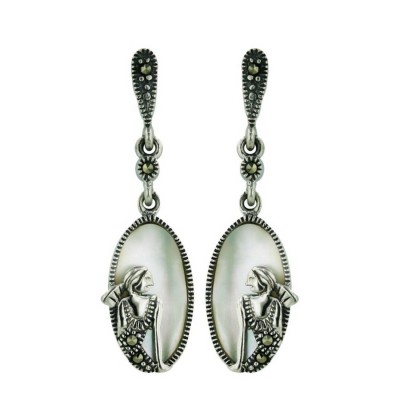 Marcasite Earring 17X9mm White Mother of Pearl Lady Portrait Dangle