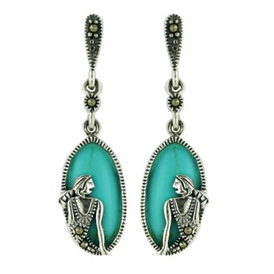Marcasite Earring 17X9mm Faux Turquoise Lady Portrait Dangle