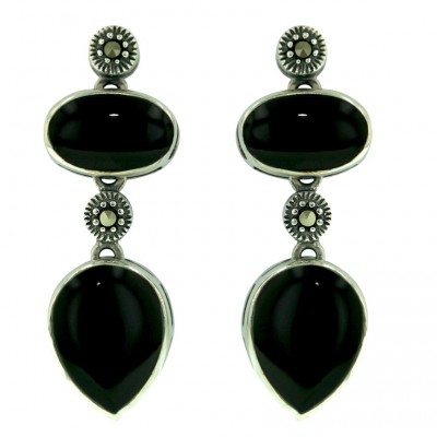 Marcasite Earring Oval+Tear Drop Onyx