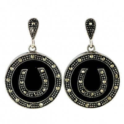 Marcasite Earring 21.5mm Round Onyx with Marcasite Horseshoe