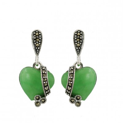 Marcasite Earring Cabochon Green Jade Puff Heart+Marcasite Lines by