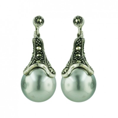 Marcasite Earring Pave Marcasite Top+12mm Gray Faux Pearl Drop