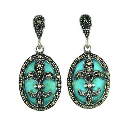 Marcasite Earring 21X16mm Oval Faux Turquoise with Marcasite F-D-L Dangle