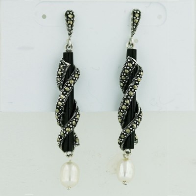 Marcasite Earring 32.5mm Long Stick Onyx+Marcasite Wrap on with White