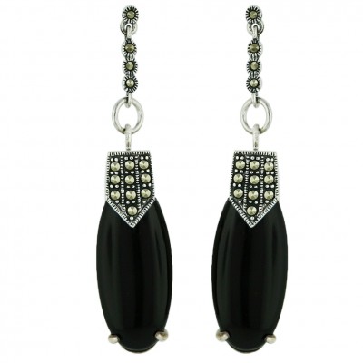 Marcasite Earring Long Onyx Drop