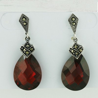Marcasite Earring Chess Cut Garnet Cubic Zirconia Tear Drop Dangle