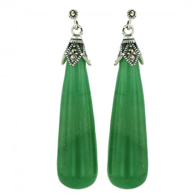 Marcasite Earring Green.Aventurine Long Oval Stick with Marcasite Rhomb