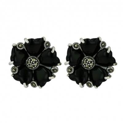 Marcasite Earring 5 Onyx Heart Petal Flower