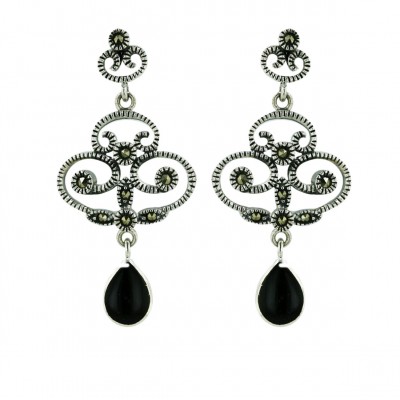Marcasite Filigree with Onyx Inlay Tear Drop Dangle