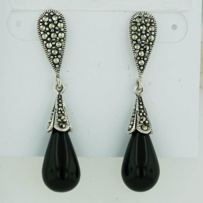 Marcasite Earring 15X9mm Onyx Drop