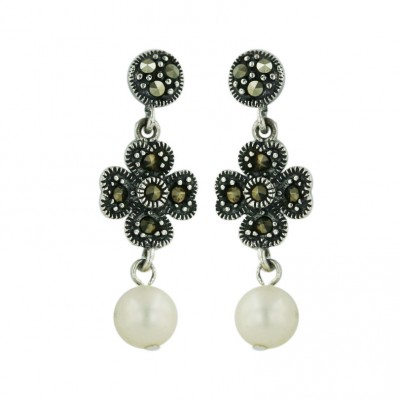 Marcasite Earring (Bigger) Flower Top+White Fresh Water Pearl