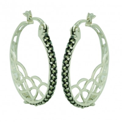 Marcasite Earring 29.5mm Latch Hoop with Plain Open Net