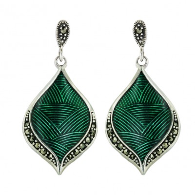 Marcasite Earring 35X17mm Dk. Gr#9 Enamel Pear with Line Textur