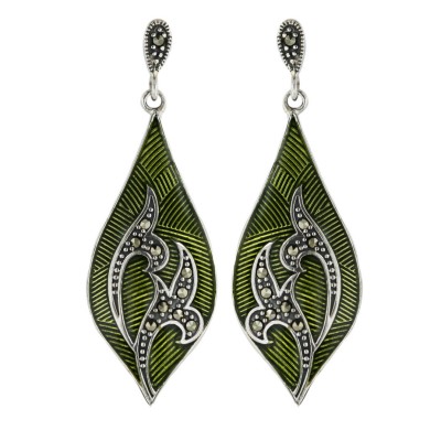 Marcasite Earring 50X16mm Light Gr Enamel Marquis with Marcasite Leaves