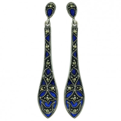 Marcasite Earring 40X8mm Sapphire Enamel Long Stick Dangling