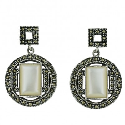 Marcasite Earring 21X21mm Round with White Mother of Pearl Rectangular Bezel Set+