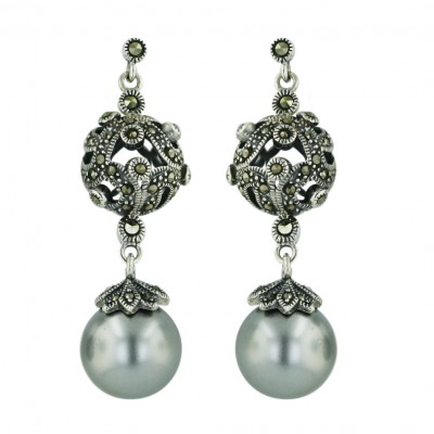 Marcasite Earring 12mm White Faux Pearl with Marcasite Open Ball Filig