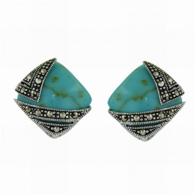 Marcasite Earring 15X15mm Cabochon Faux Turquoise Cushion with Marcasite Lin