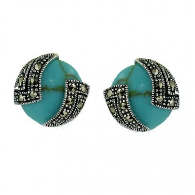 Marcasite Earring 13mm Cabochon Round Faux Turquoise with Marcasite Lines 2