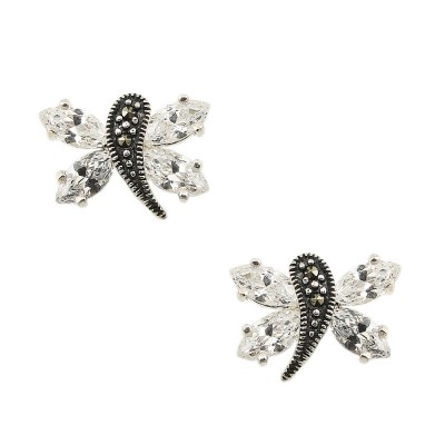 Marcasite Earring Clear Cubic Zirconia Dragonfly with Oxidized Rope
