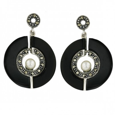 Marcasite Earring 23.5X23.5mm Open Onyx Round with 5mm Faux Pea