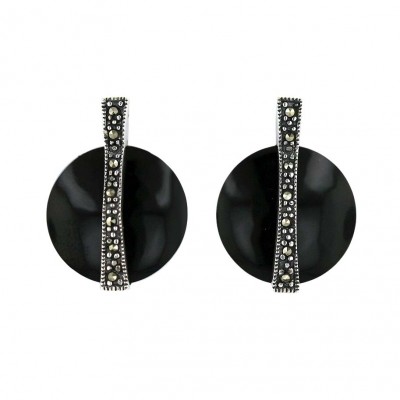 Marcasite Earring 15X15mm Onyx Round with Oxidized Rope Ctr Lin