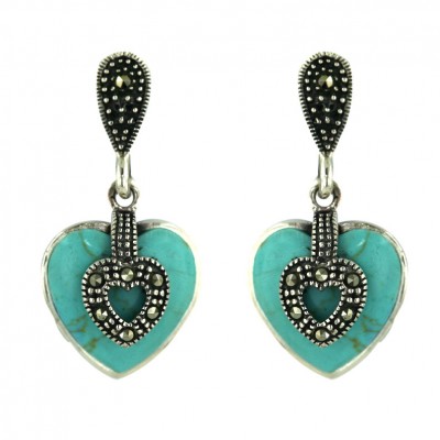 Marcasite Earring 13mm Faux Turquoise Heart with Marcasite Oxidized Rope Open