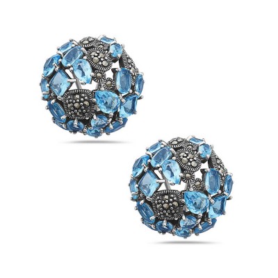 Marcasite Earring 23mm Blue Topaz Glass Round with Rhombus+Oval