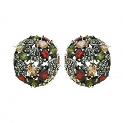 Marcasite Earring 23mm Garnet +Champagne+Olivine Cubic Zirconia Round with Tear Drop+Rhombus+Olivine