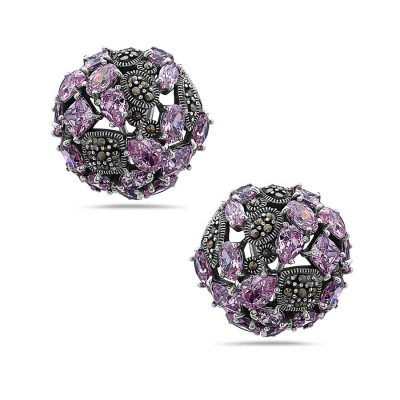 Marcasite Earring 23mm Pink Cubic Zirconia Round with Tear Drop+Rhombus+Oval+Rou