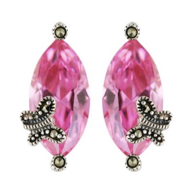 Marcasite Earring 20mm Pink Cubic Zirconia Marquis with Oxidized Rope Butterf
