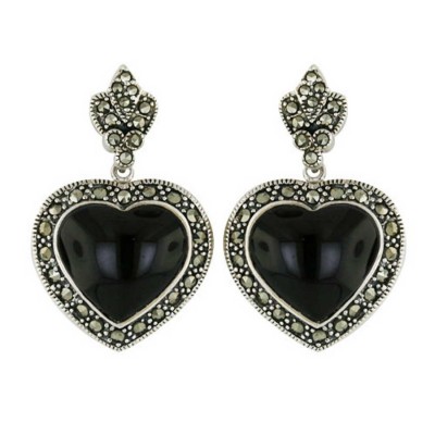 Marcasite Earring 22mm Onyx Heart Cabochon with Twisted Rope Ar