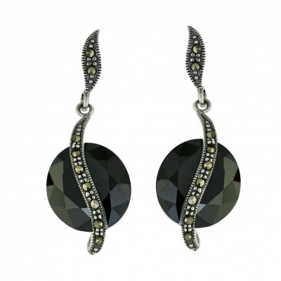 Marcasite Earring 14X14mm Black Cubic Zirconia Round with Pave Marcasite Oxidized Rop